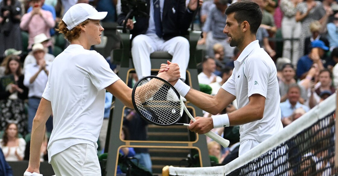 Serbia's Novak Djokovic and Italy's Jannik Sinner shake hands after their quarterfinal match. Photo: Reuters/ Toby Melville