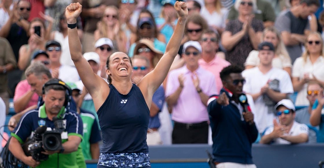 Caroline Garcia celebrates after winning the final against Petra Kvitova. Photo: USA TODAY Sports/Reuters/Susan Mullane