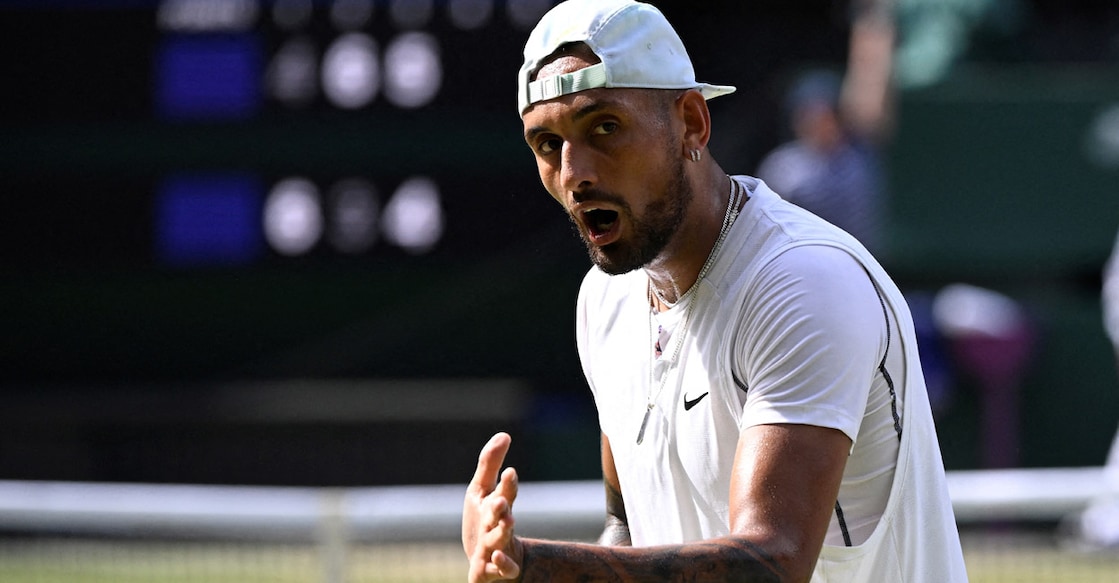 Nick Kyrgios reacts during the Wimbledon final against Novak Djokovic. Photo: Reuters/Toby Melville
