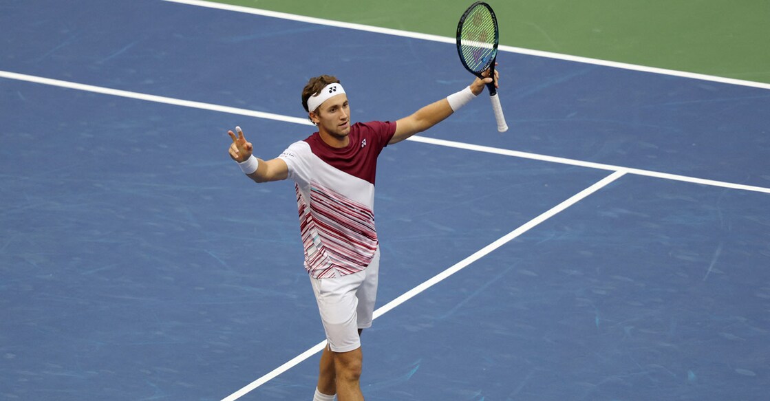 Casper Ruud celebrates winning his semifinal against Karen Khachanov. Photo: Reuters/Shannon Stapleton