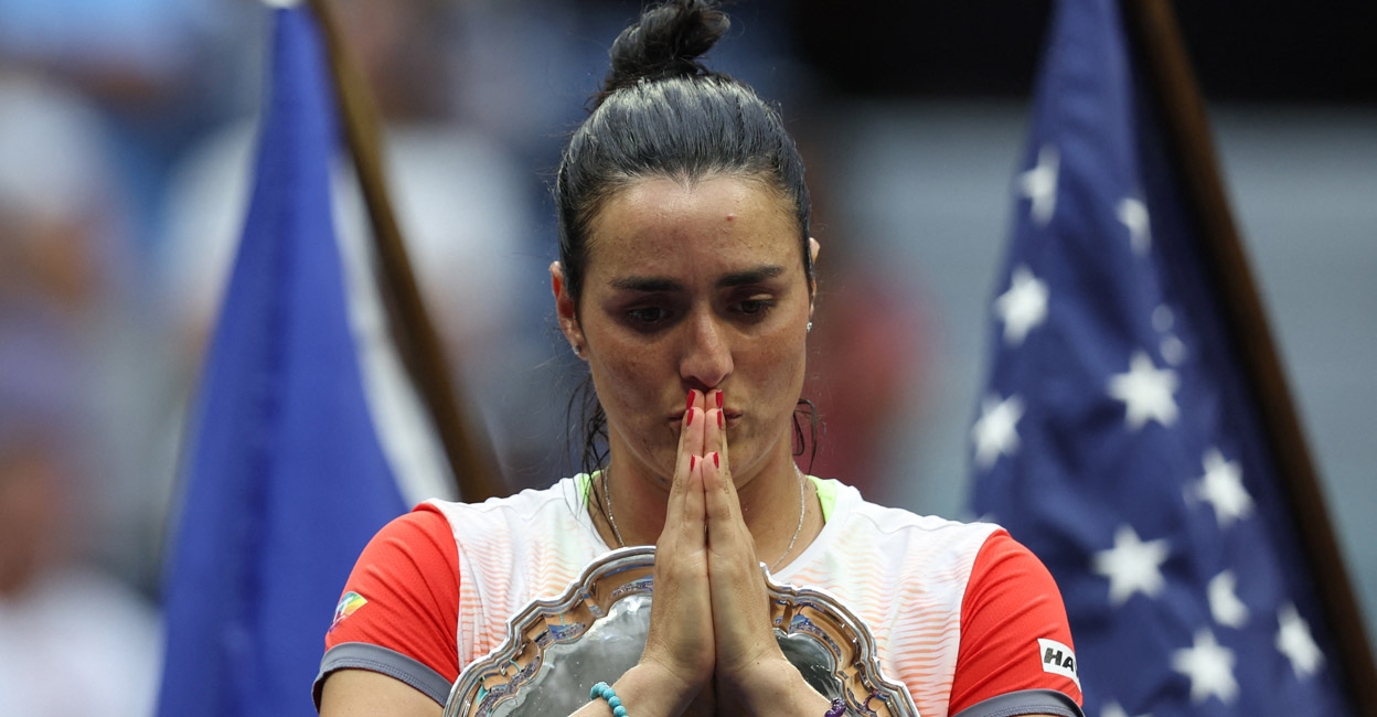Ons Jabeur looks dejected after the match. Photo: Reuters/Shannon Stapleton