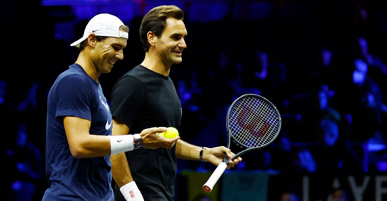 TENNIS-LAVERCUP Team Europe's Roger Federer (right) and Rafael Nadal during practice. Photo: Reuters/Andrew Boyers