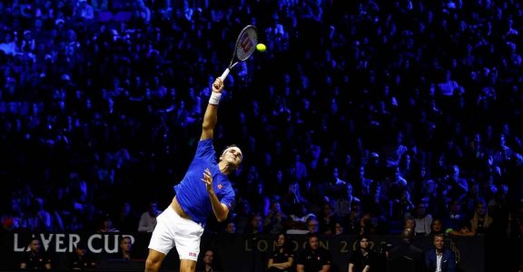 Team Europe's Roger Federer in action during his doubles match with Rafael Nadal against Team World's Jack Sock and Frances Tiafoe. Photo: Reuters/Andrew Boyers Team Europe's Roger Federer in action during his doubles match with Rafael Nadal against Team World's Jack Sock and Frances Tiafoe. Photo: Reuters/Andrew Boyers