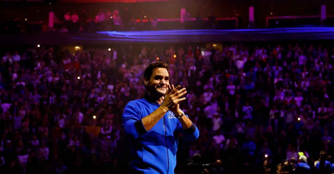 Team Europe's Roger Federer applauds fans at the end of his last match after announcing his retirement. Photo: Reuters/Andrew Boyers