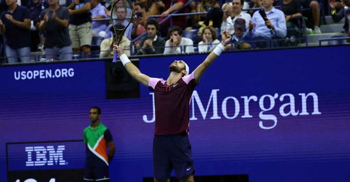 Russia's Karen Khachanov celebrates after winning his quarter final match against Australia's Nick Kyrgios REUTERS/Mike Segar