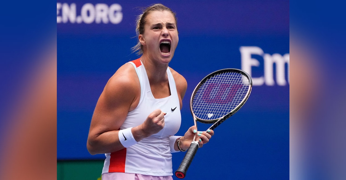 Aryna Sabalenka celebrates a winner setting up match point against Karolina Pliskova of the Czech Republic in the US Open tennis tournament at USTA Billie Jean King National Tennis Center. Photo: Reuters 