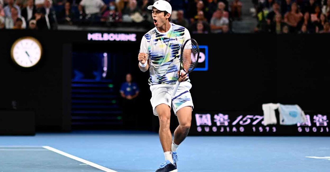 Mackenzie McDonald reacts after winning a point against Rafael Nadal. Photo: AFP/Manan Vatsyayana