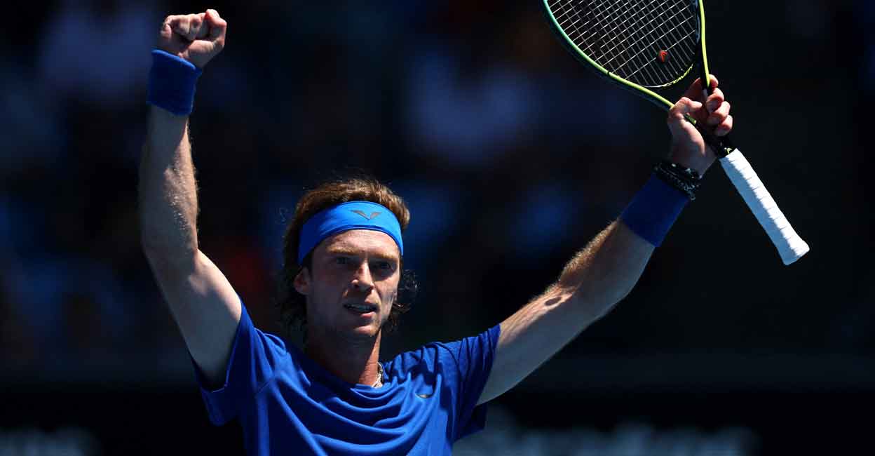 Andrey Rublev celebrates after winning his third round match against Dan Evans. Photo: Reuters/Hannah Mckay