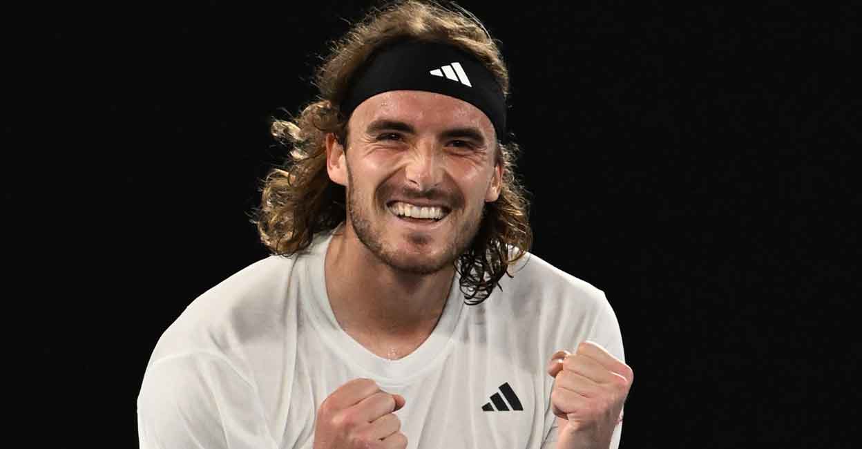 Stefanos Tsitsipas is all smiles after the win. Photo: AFP/Paul Crock