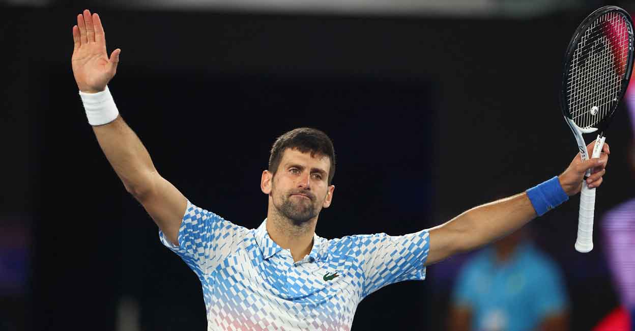 Novak Djokovic celebrates his win over Andrey Rublev. Photo: Reuters/Loren Elliott