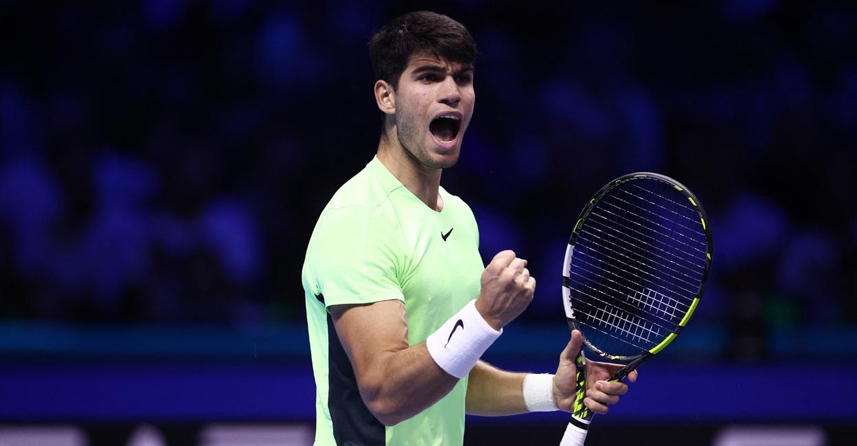 Carlos Alcaraz reacts during the match against Andrey Rublev. Photo: Reuters/Guglielmo Mangiapane