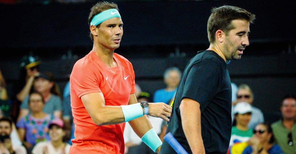 Rafael Nadal and partner Marc Lopez. Photo: AFP/Patrick Hamilton