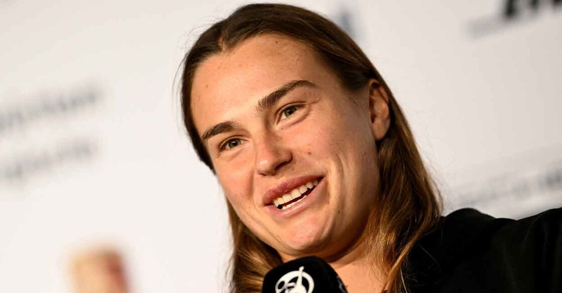 Aryna Sabalenka during a press conference in Stuttgart on Tuesday. Photo: Reuters/Angelika Warmuth