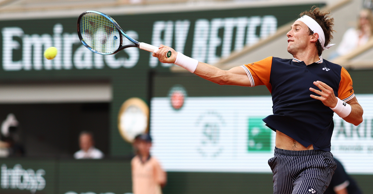 Norway's Casper Ruud plays a forehand return to Germany's Alexander Zverev during their men's singles semifinal match of the Roland-Garros Open tennis tournament at the Court Philippe-Chatrier in Paris on Friday. Photo: AFP/ Thomas Samson 