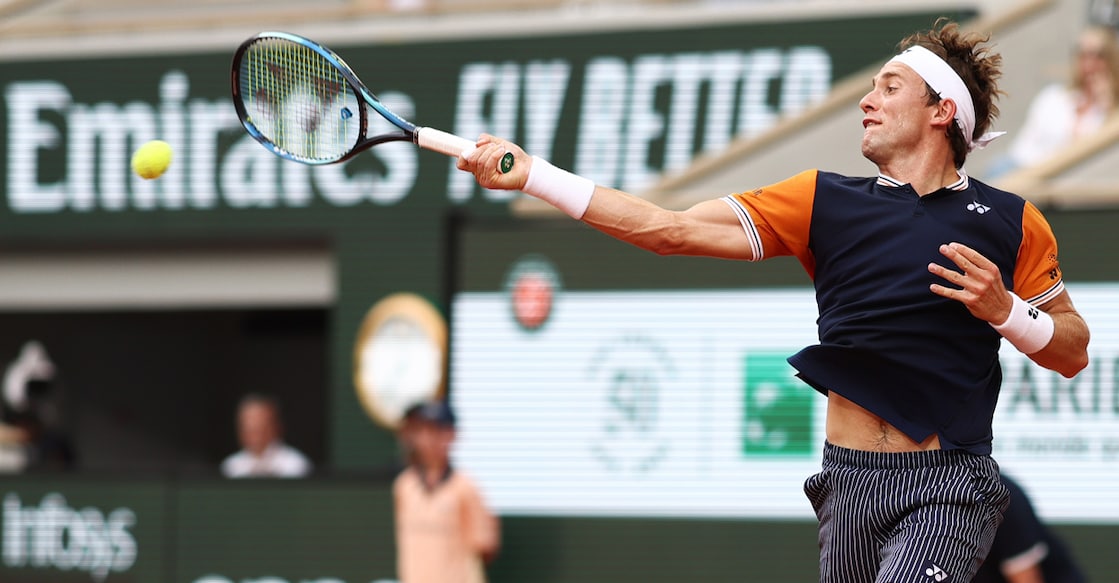 Norway's Casper Ruud plays a forehand return to Germany's Alexander Zverev during their men's singles semifinal match of the Roland-Garros Open tennis tournament at the Court Philippe-Chatrier in Paris on Friday. Photo: AFP/ Thomas Samson 