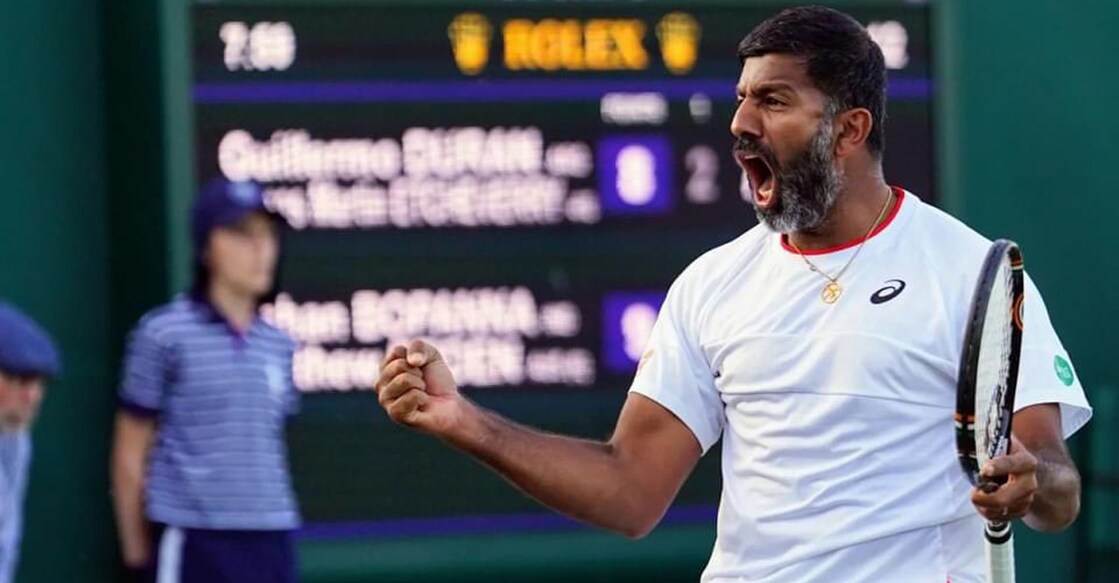  Rohan Bopanna exults after winning a point. Photo: Twitter@KarnatakaTennis