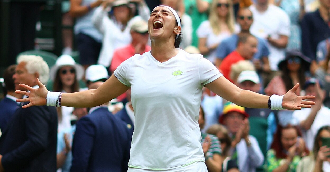 TENNIS-WIMBLEDON Ons Jabeur celebrates winning her match against Elena Rybakina on day ten of Wimbledon. Photo: USA Today Sports via Reuters/Susan Mullane