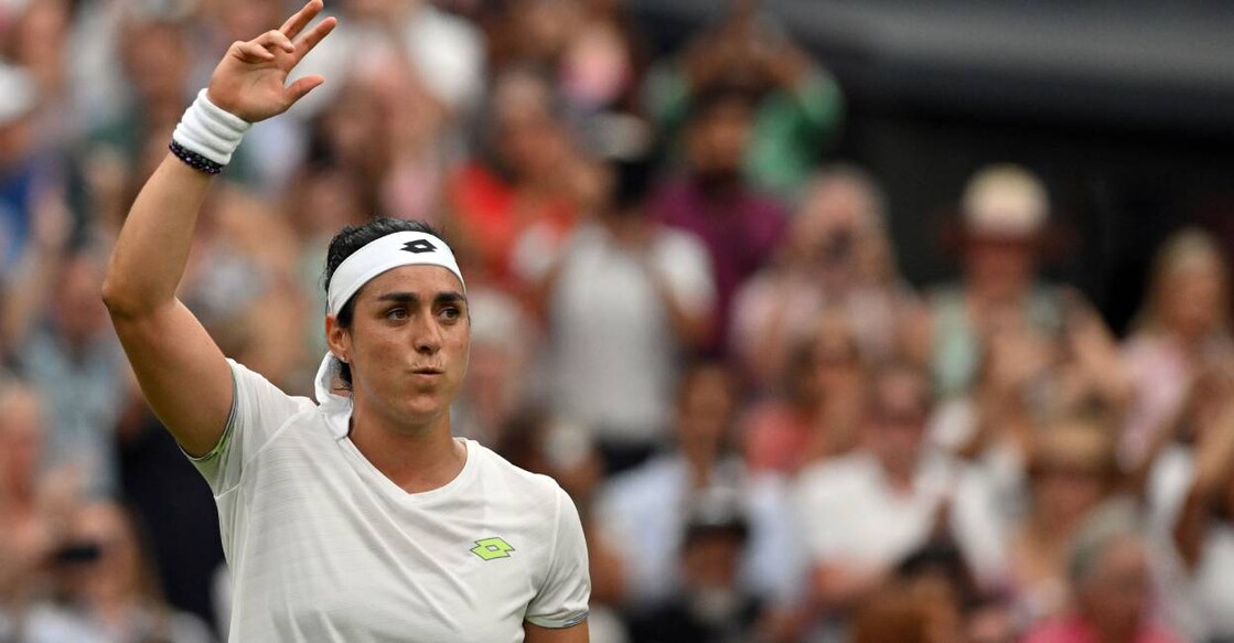 Tunisia's Ons Jabeur celebrates winning against Belarus's Aryna Sabalenka . Photo: AFP