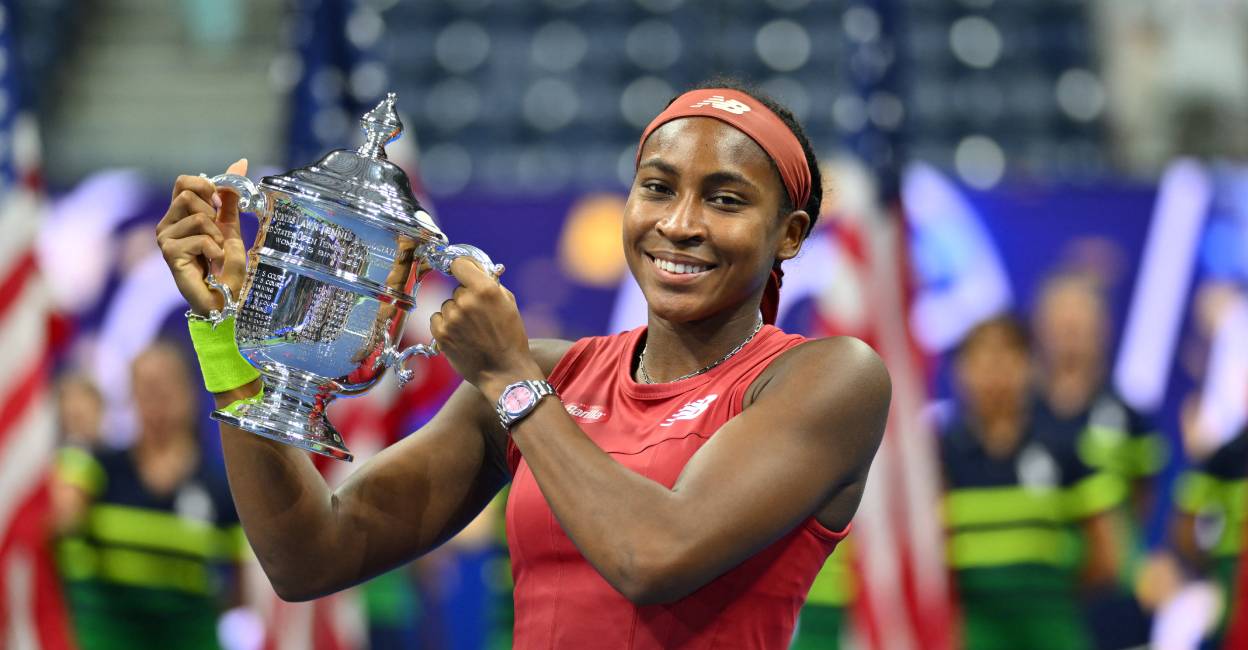 Coco Gauff poses with the trophy after defeating Belarus's Aryna Sabalenka in the US Open tennis tournament women's singles final match at the USTA Billie Jean King National Tennis Center in New York . Photo: Angela Weiss/ AFP

