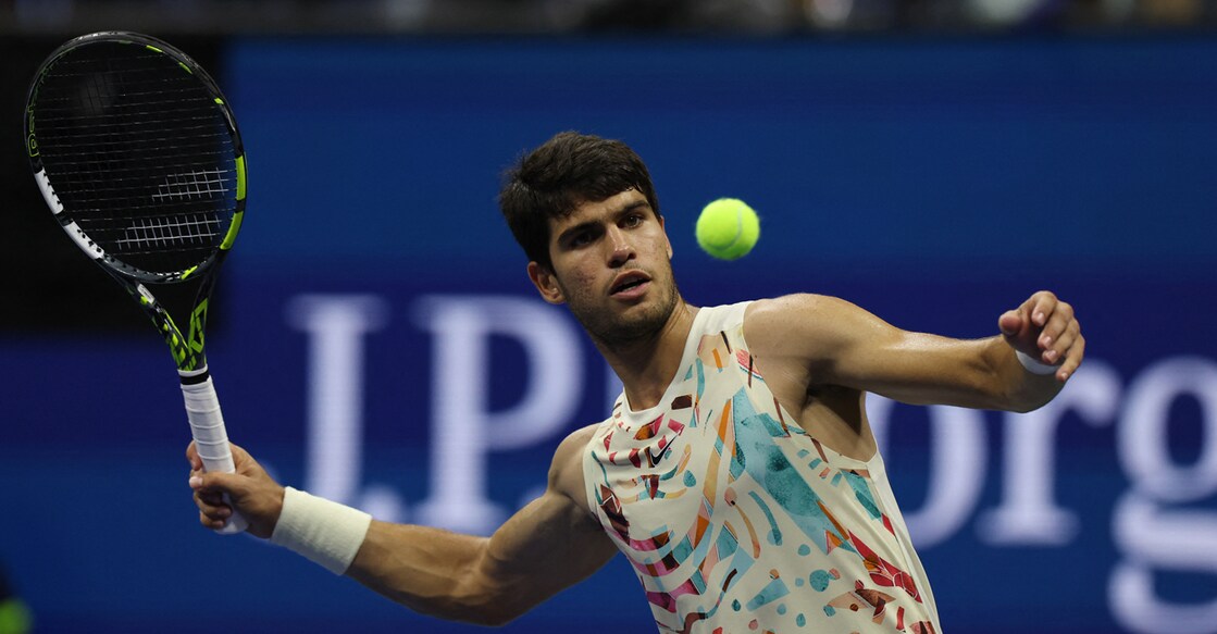Spain's Carlos Alcaraz celebrates after winning his quarterfinal match against Germany's Alexander Zverev. Photo: Reuters/Shannon Stapleton