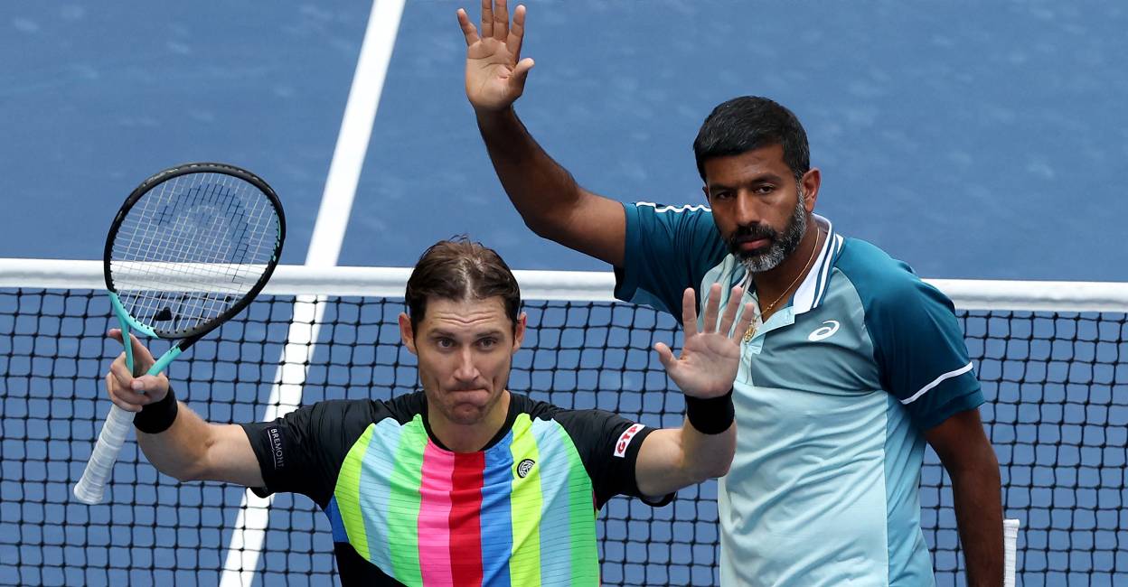 ebden-bopanna-us-open Rohan Bopanna (R) of India and Matthew Ebden (L) of Australia celebrate after defeating Pierre-Hugues Herbert and Nicolas Mahut of France in their Men's Double Semifinal match . Photo: Mike Stobe/ AFP