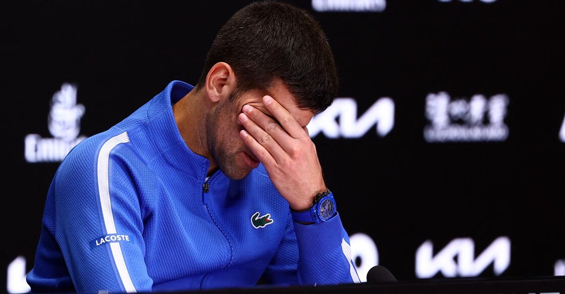 Novak Djokovic during a press conference after losing the semifinal. Photo: Reuters/Edgar Su
