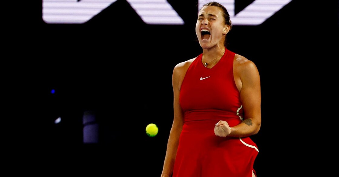 Aryna Sabalenka reacts during the final against Qinwen Zheng. Photo: Reuters/Issei Kato