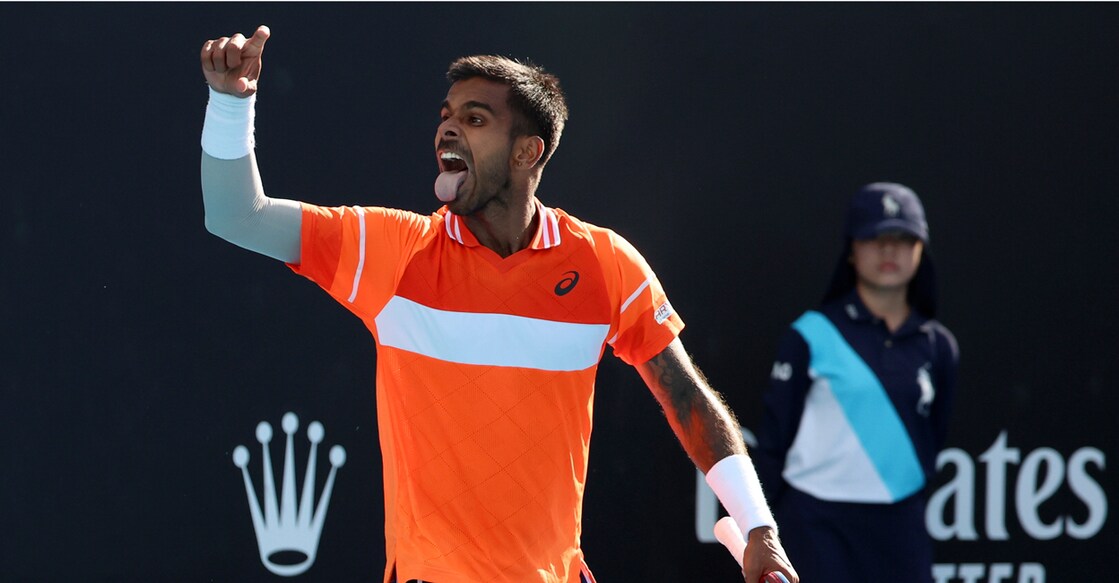 AP01_16_2024_000134B Sumit Nagal of India celebrates after defeating Alexander Bublik of Kazakhstan in their first round match at the Australian Open tennis championships at Melbourne Park, Melbourne, Australia. Photo: PTI