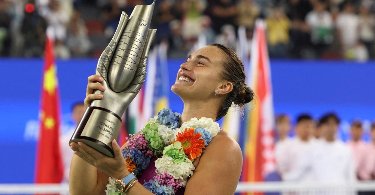 Aryna Sabalenka celebrates after winning  the Wuhan Open. File photo: Reuters/Florence Lo