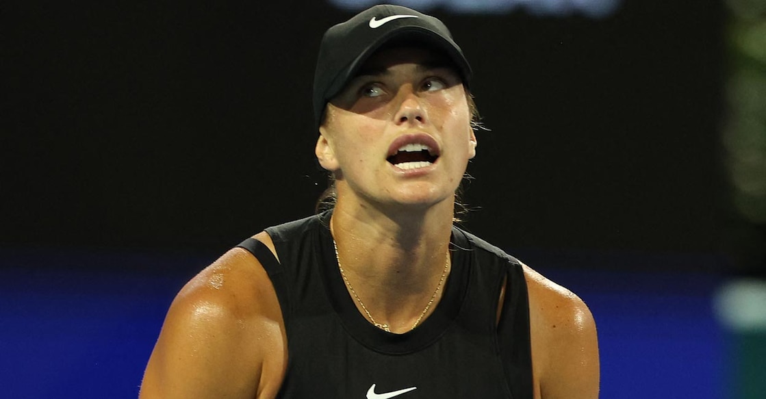 Aryna Sabalenka reacts to a lost point to Anhelina Kalinina. Photo: AFP/Al Bello