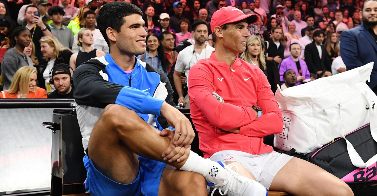Alcaraz and Nadal Carlos Alcaraz and Rafael Nadal at the Netflix Slam in Las Vegas. Photo: AFP/Candice Ward