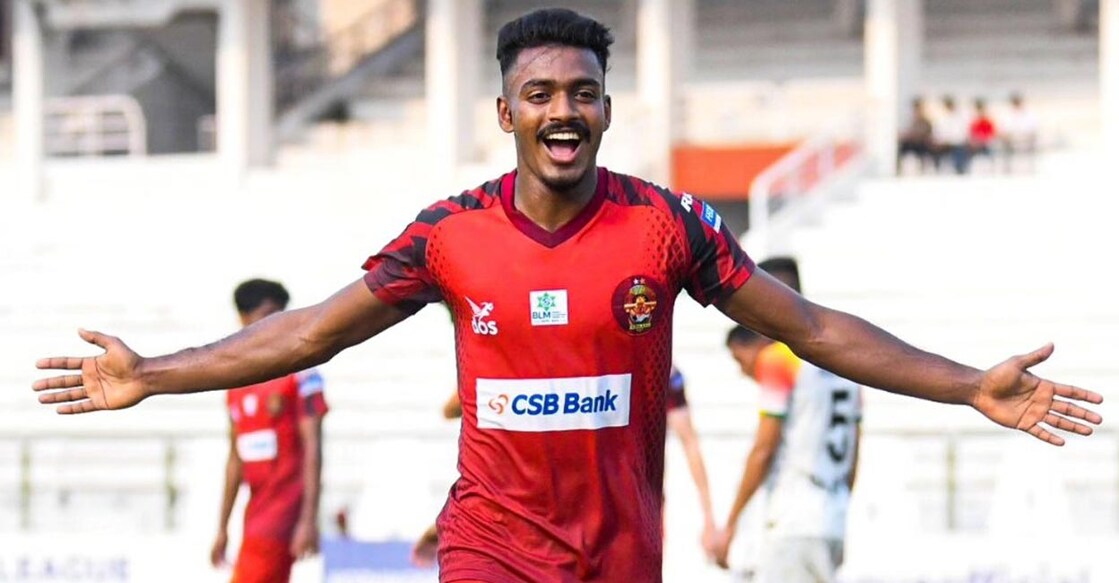 Noufal celebrates one of his twin strikes. Photo: X@GokulamKeralaFC