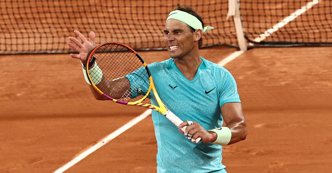 Spain's Rafael Nadal reacts as he plays against Germany's Alexander Zverev during their men's singles match on Court Philippe-Chatrier on day two of The French Open at The Roland Garros Complex in Paris on Monday. Photo: AFP/Anne-Christine Poujoulat