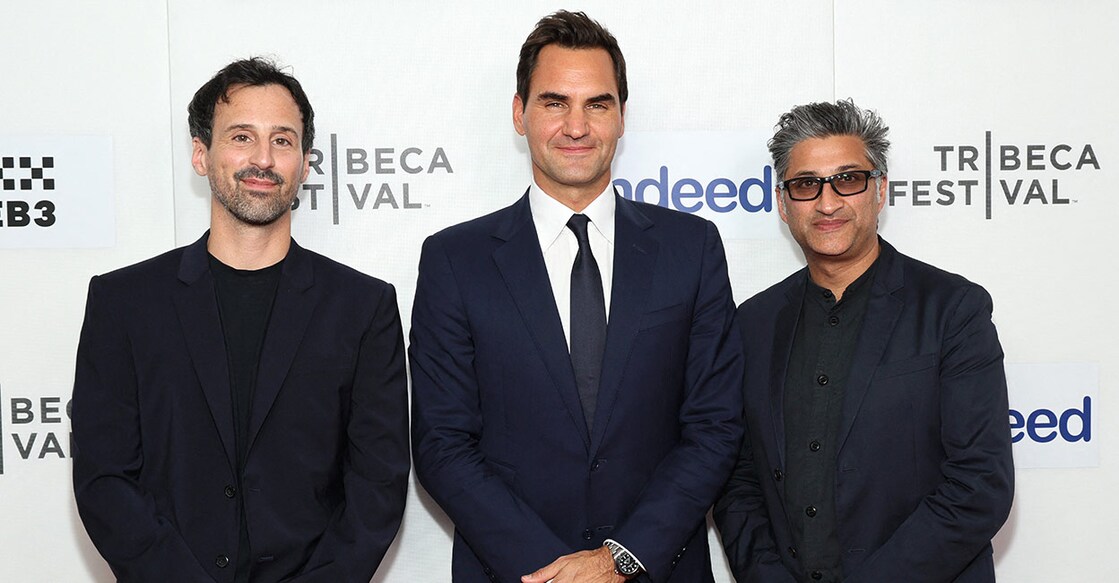From left: Joe Sabia, Roger Federer and Asif Kapadia attend the "Federer: Twelve Final Days" premiere during the 2024 Tribeca Festival in New York City. File photo: AFP/Dia Dipasupil 