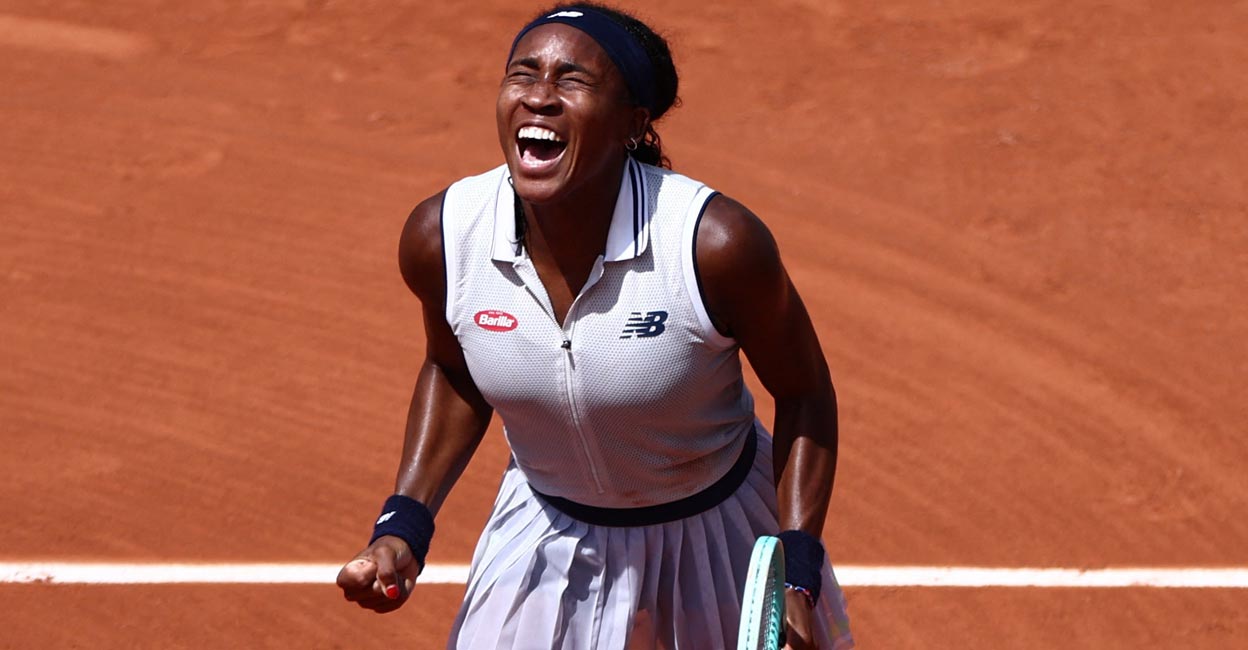 Coco Gauff reacts after winning against Ons Jabeur. Photo: Reuters/Yves Herman
