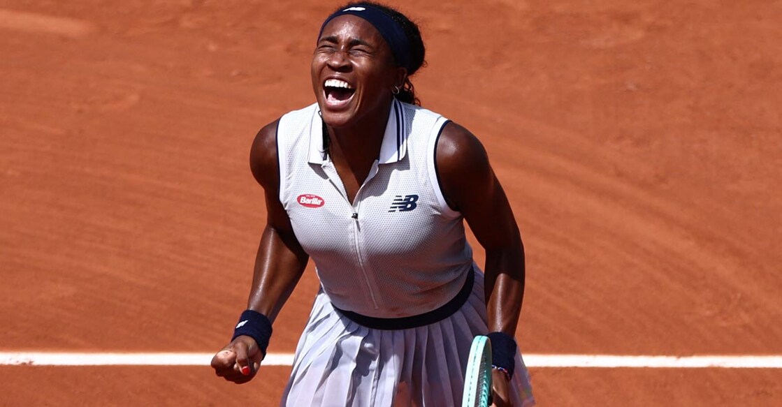 Coco Gauff reacts after winning against Ons Jabeur. Photo: Reuters/Yves Herman