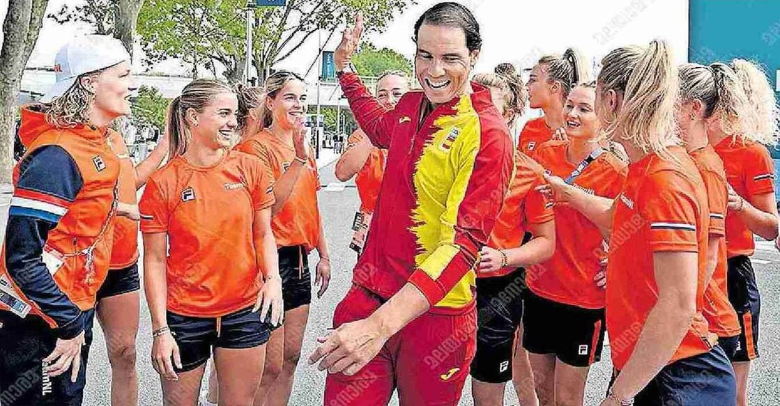 Rafael Nadal with Netherlands hockey players at Paris  Olympic Games Village. Photo: Manoj Chemancheri/ Manorama. 