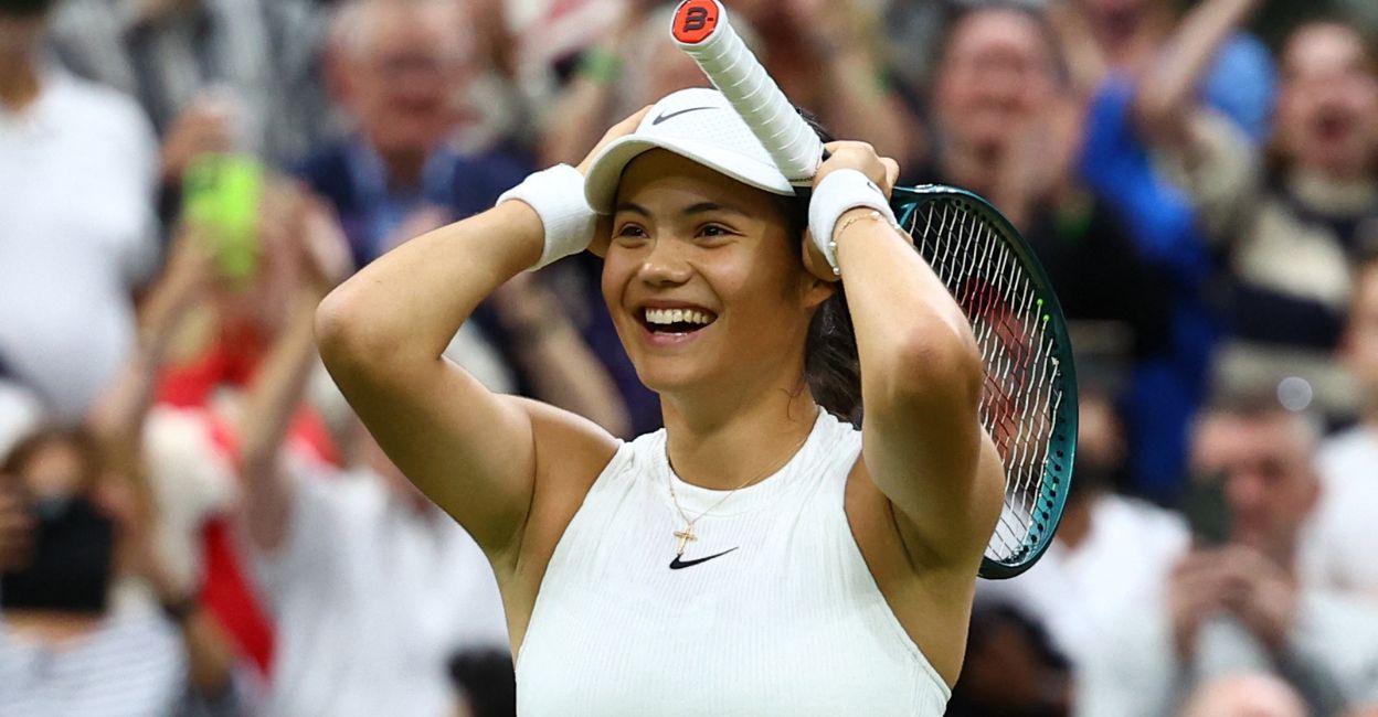 Britain's Emma Raducanu celebrates after winning her third round match against Greece's Maria Sakkari. Photo: Reuters/Paul Childs