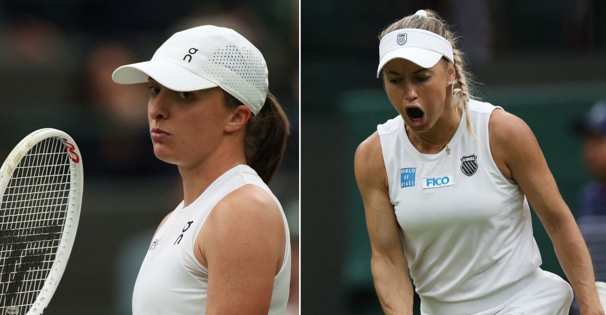 Poland's Iga Swiatek reacts during her third round match against Kazakhstan's Yulia Putintseva (right). Photo: Reuters/Isabel Infantes