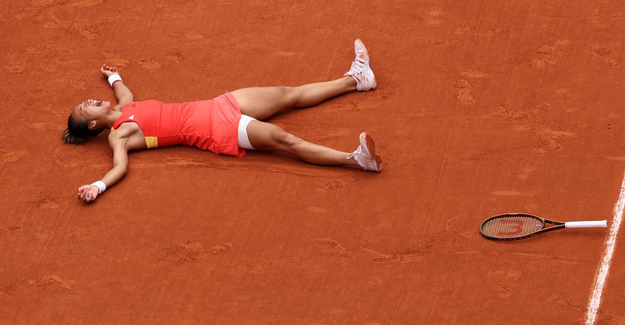 Qinwen Zheng Qinwen Zheng celebrates after winning the gold. Photo: Reuters/Claudia Greco