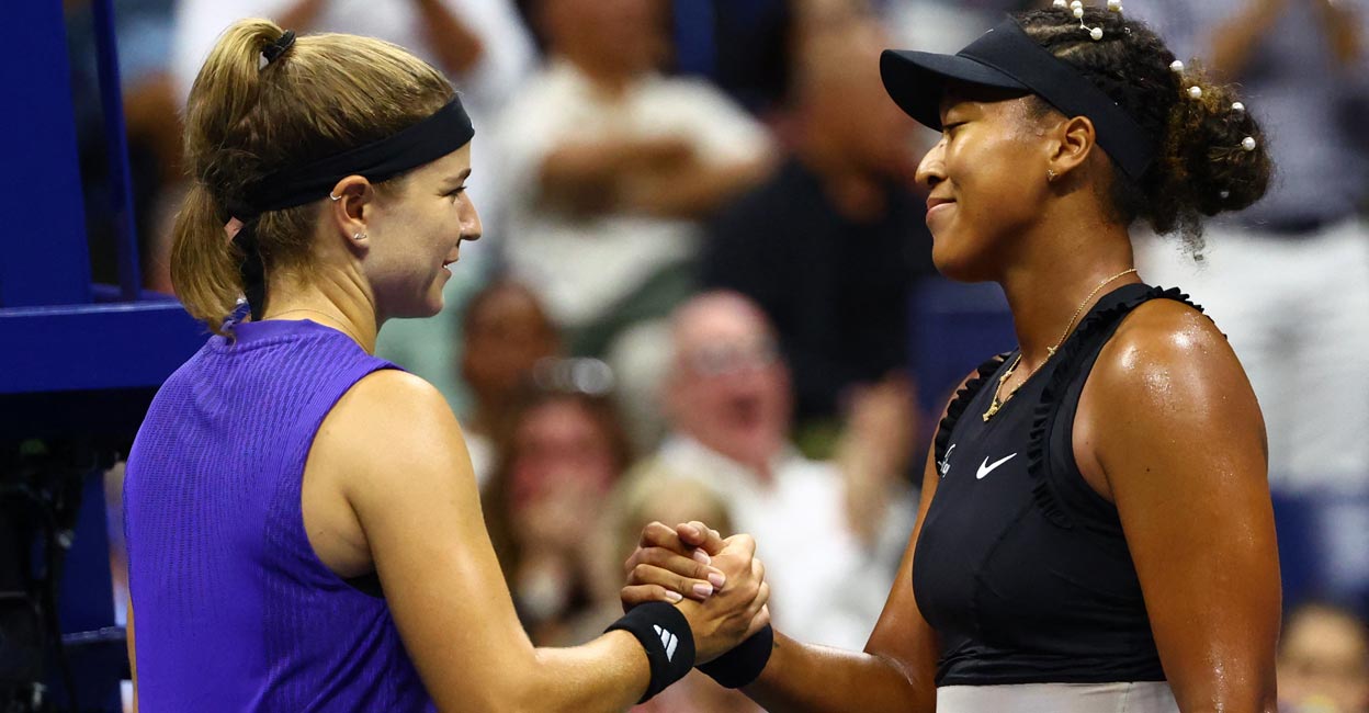 Muchova & Osaka Karolina Muchova and Naomi Osaka greet each other after the match. Photo: Reuters/Andrew Kelly