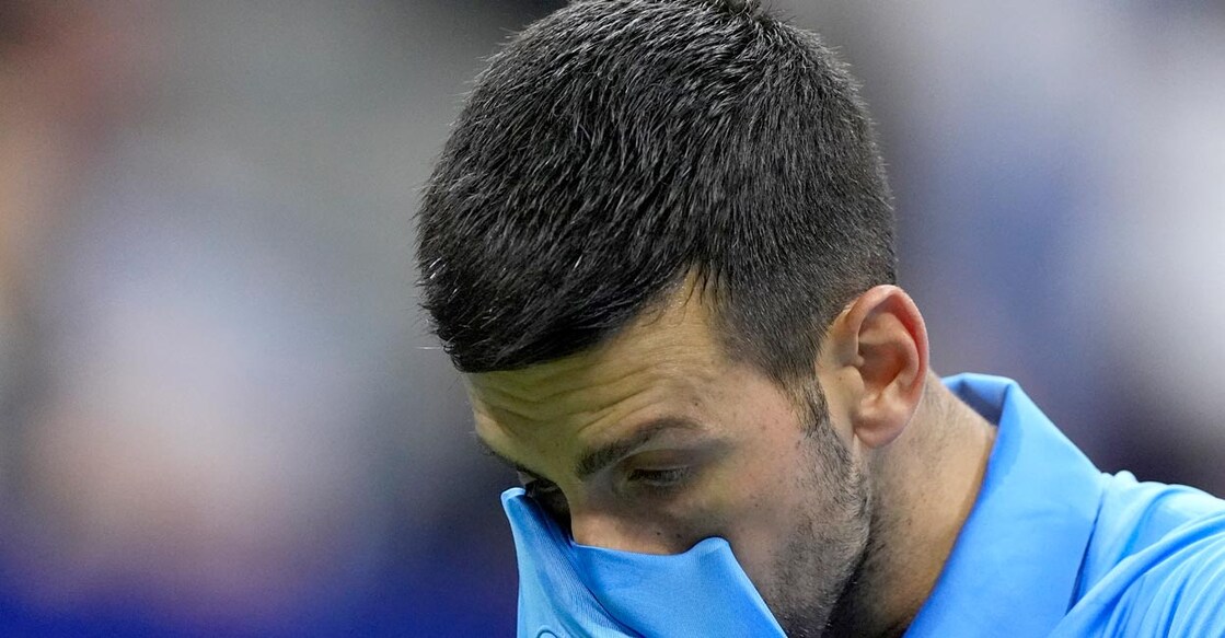 Novak Djokovic reacts during the match against Alexei Popyrin. Photo: Reuters/Eduardo Munoz