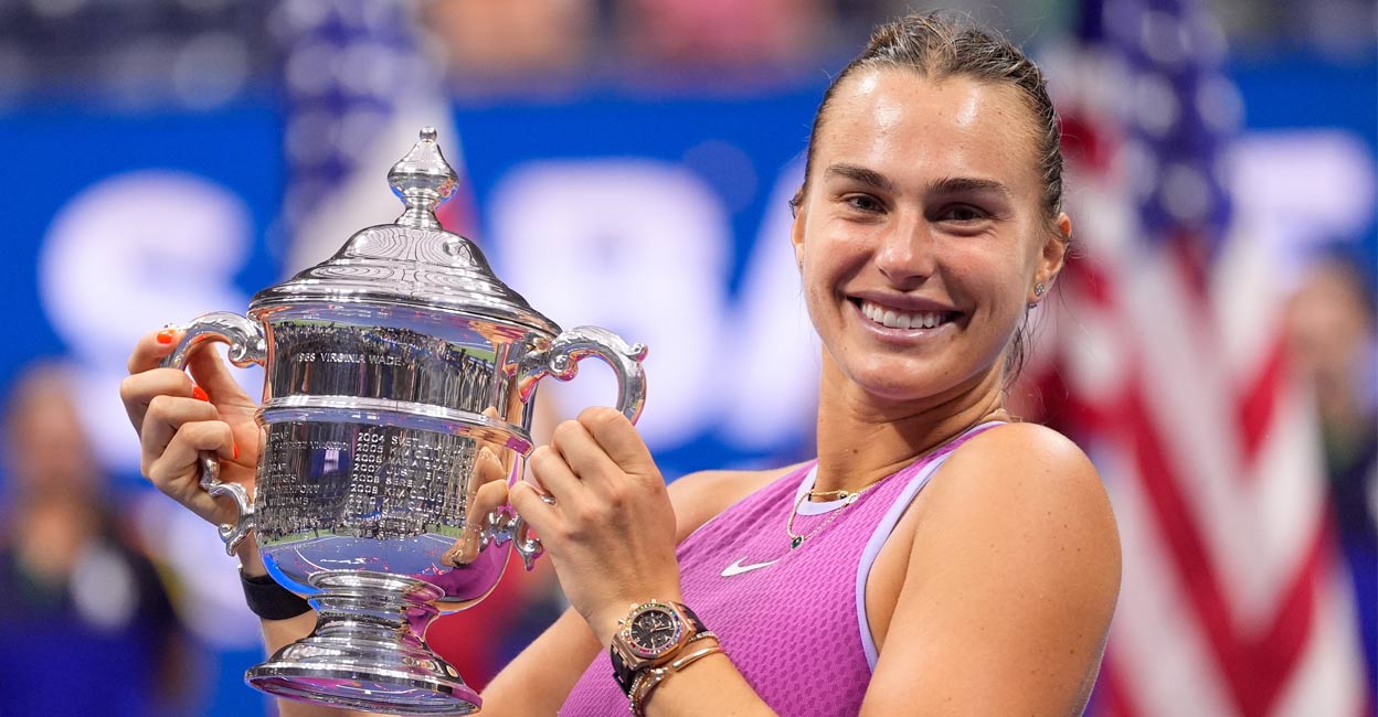 Aryna Sabalenka with the US Open Trophy after beating Jessica Pegula (USA) in the women's singles final on day thirteen of the 2024 US Open tennis tournament at USTA Billie Jean King National Tennis Center. Photo: Reuters. 