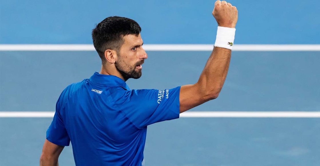 Novak Djokovic celebrates during his match against Jiri Lehecka in the men's singles at the 2025 Australian Open: Mandatory Photo: Mike Frey-Imagn/REUTERS