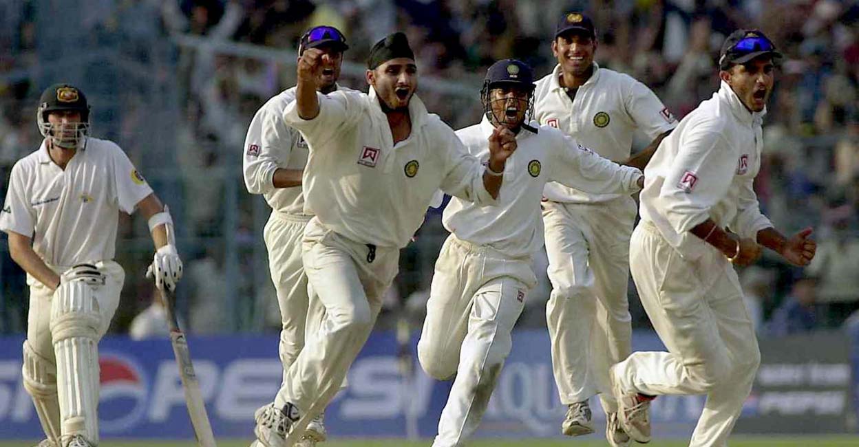 Harbhajan Singh Indian players incluing Sourav Ganguly (R), Harbhajan Singh (3rd L), Shiv Sundar Singh (fourth from L, with helmet), VVS Laxman (2nd from R) run to celebrate India's victory over Australia. Photo: Arko Datta/AFP