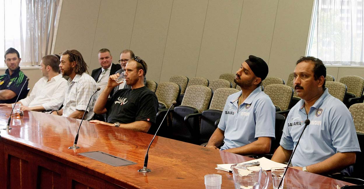 Harbhajan Singh (L to R) Australian players Ricky Ponting, Michael Clarke, Andrew Symonds and Matthew Hayden are seen along side Indian player Harbhajan Singh and assistant Indian team manager M.V. Sridhar prior to the start of the appeal hearing against a three-match ban imposed on Indian cricketer Harbhajan Singh by the ICC at the Adelaide Federal Court, 29 January 2008. Photo: Robert Cianflone/Pool/AFP