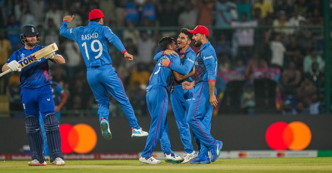 Afghanistan players celebrate the wicket of England's Jonny Bairstow. Photo: PTI /Atul Yadav
