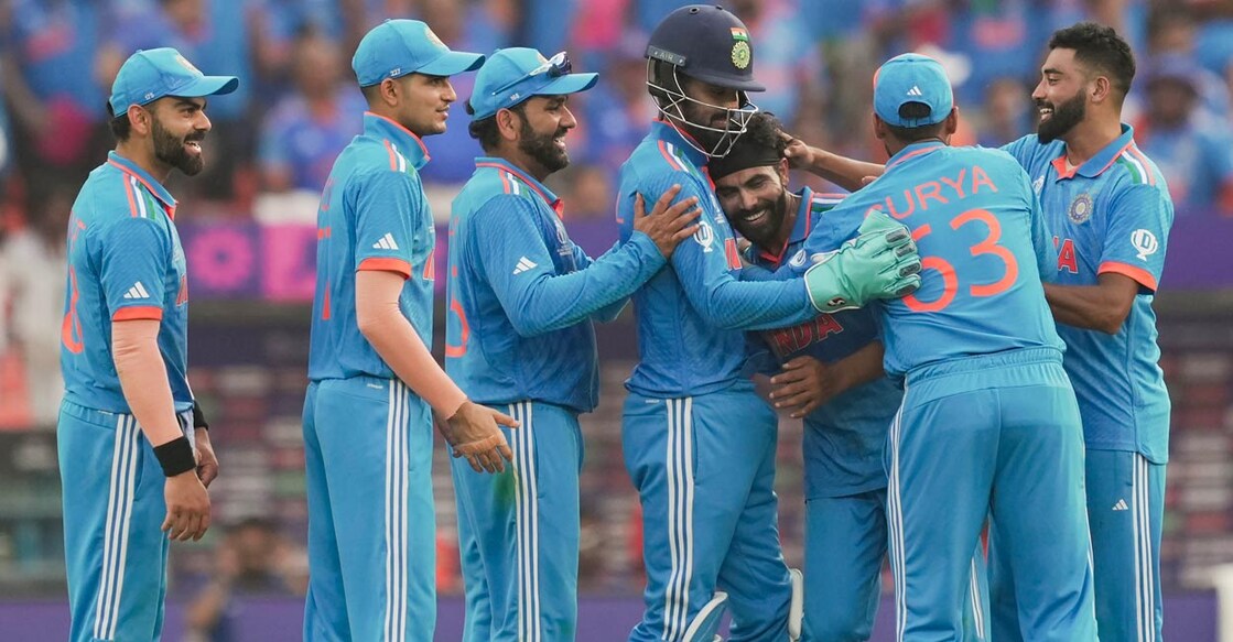 Ravindra Jadeja, third right, celebrates with teammates after dismissing Haris Rauf to end the Pakistan innings. Photo: PTI/Kunal Patil