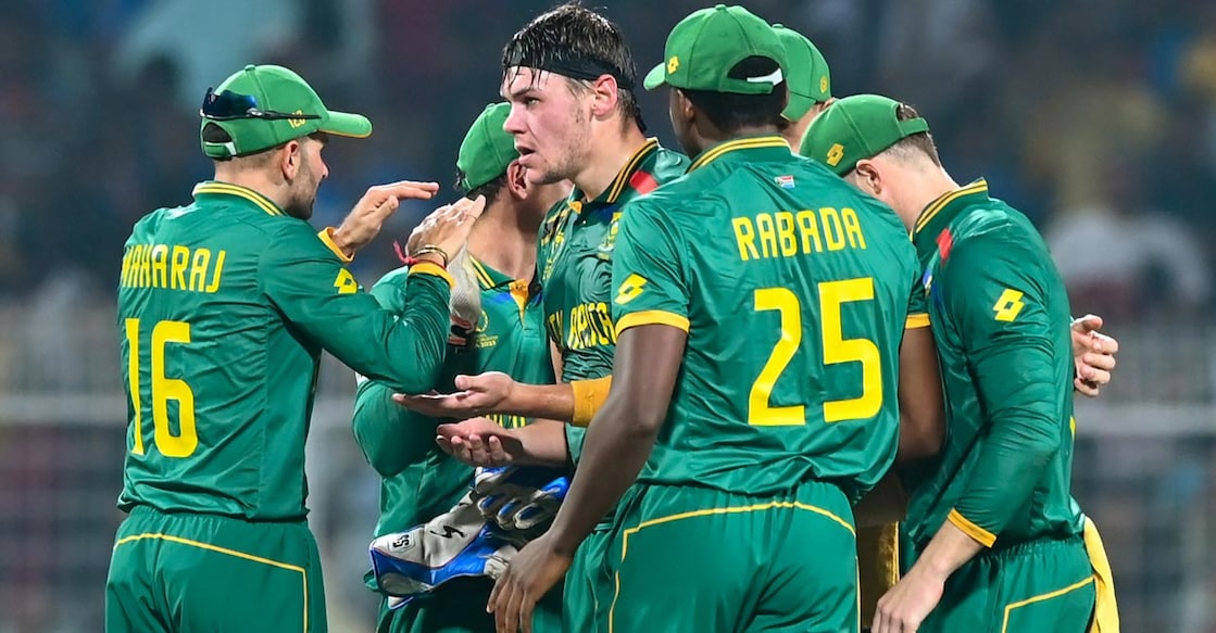South African players celebrate a wicket in the semifinal. File photo: IANS