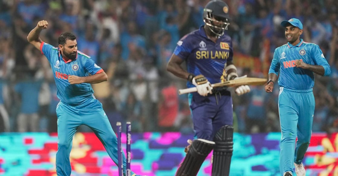 Mohammed Shami Mohammed Shami exults after castling Angelo Mathews. File photo: PTI/Kunal Patil